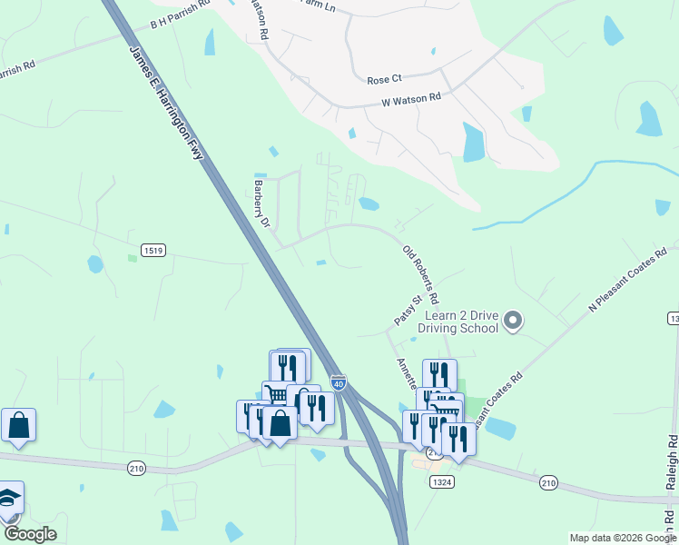 map of restaurants, bars, coffee shops, grocery stores, and more near 632 Old Roberts Road in Benson