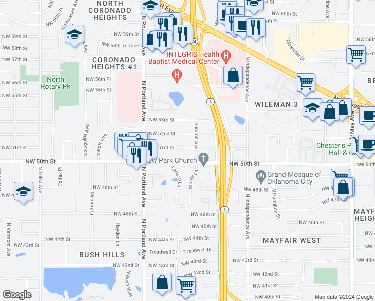 map of restaurants, bars, coffee shops, grocery stores, and more near 3532 Northwest 51st Street in Oklahoma City