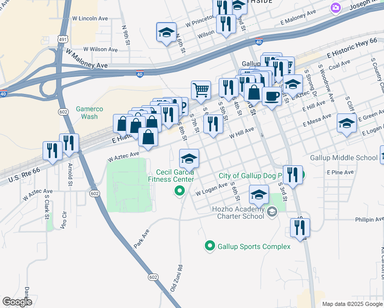 map of restaurants, bars, coffee shops, grocery stores, and more near 801 West Hill Avenue in Gallup