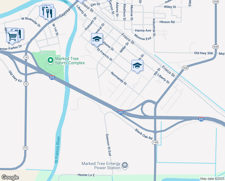 map of restaurants, bars, coffee shops, grocery stores, and more near 102 Barbara Allen Drive in Marked Tree