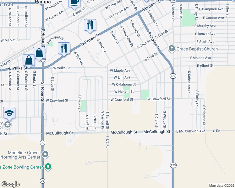 map of restaurants, bars, coffee shops, grocery stores, and more near 501-599 West Harlem Street in Pampa