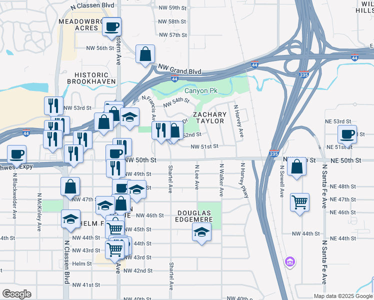 map of restaurants, bars, coffee shops, grocery stores, and more near 704 Northwest 51st Street in Oklahoma City