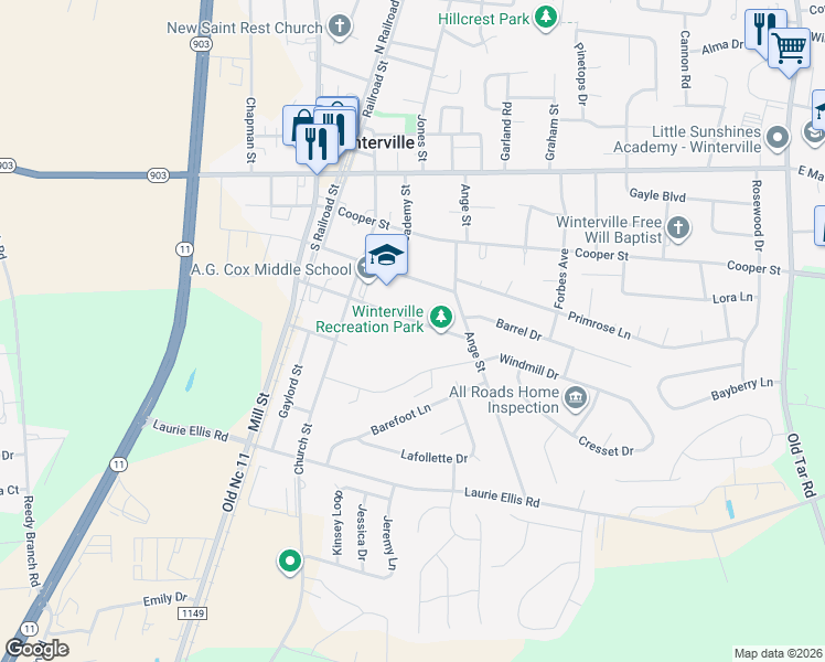 map of restaurants, bars, coffee shops, grocery stores, and more near 260 Sylvania Street in Winterville
