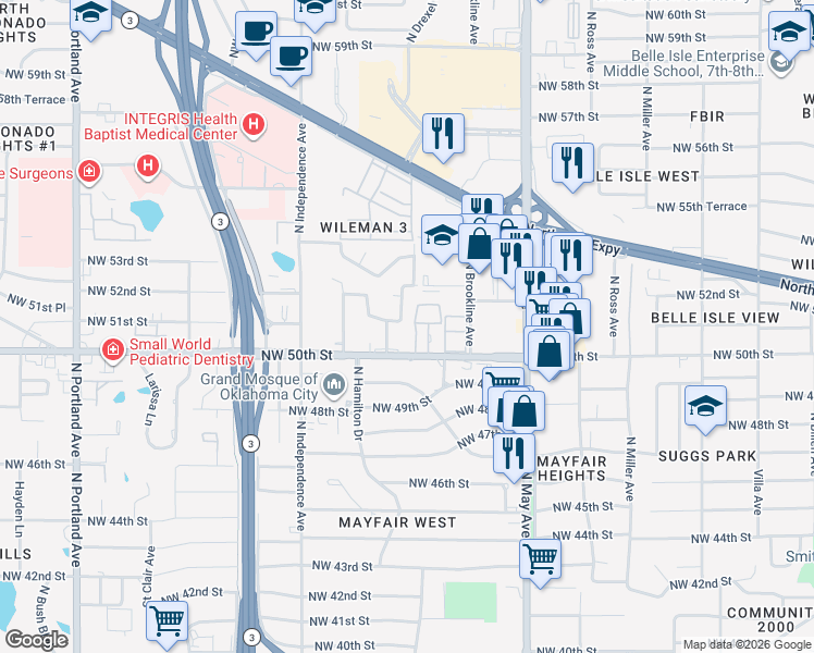 map of restaurants, bars, coffee shops, grocery stores, and more near 5300 North Drexel Boulevard in Oklahoma City