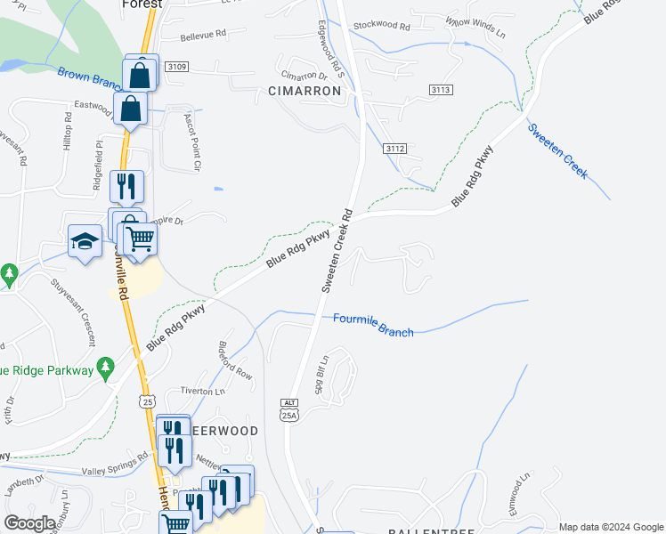 map of restaurants, bars, coffee shops, grocery stores, and more near 2 Charlyn Drive in Asheville