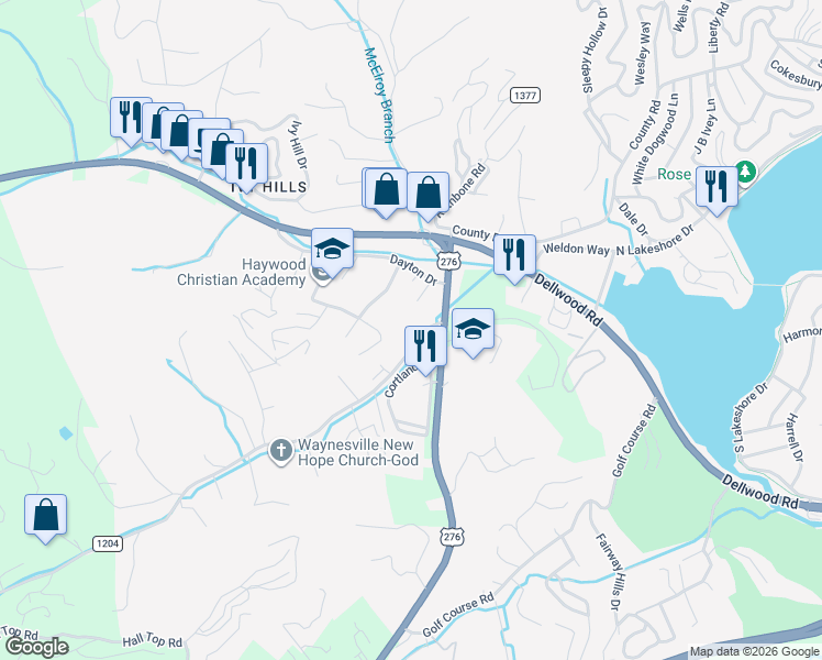 map of restaurants, bars, coffee shops, grocery stores, and more near 30 Mauney Cove Road in Waynesville