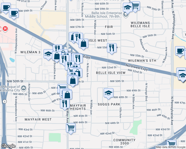 map of restaurants, bars, coffee shops, grocery stores, and more near 5116 North Miller Avenue in Oklahoma City