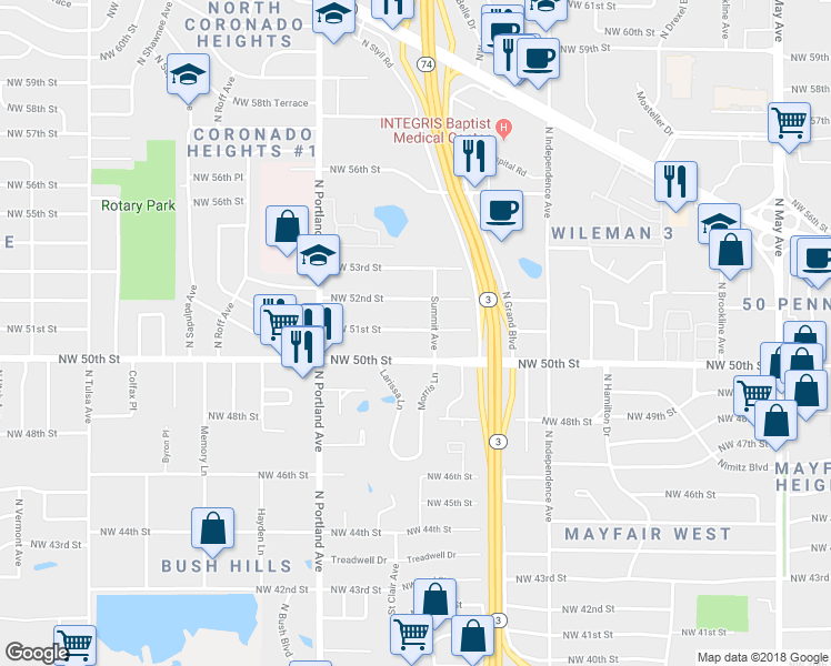 map of restaurants, bars, coffee shops, grocery stores, and more near 3506 Northwest 51st Street in Oklahoma City