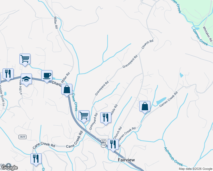 map of restaurants, bars, coffee shops, grocery stores, and more near 3 Becky Lane in Fairview