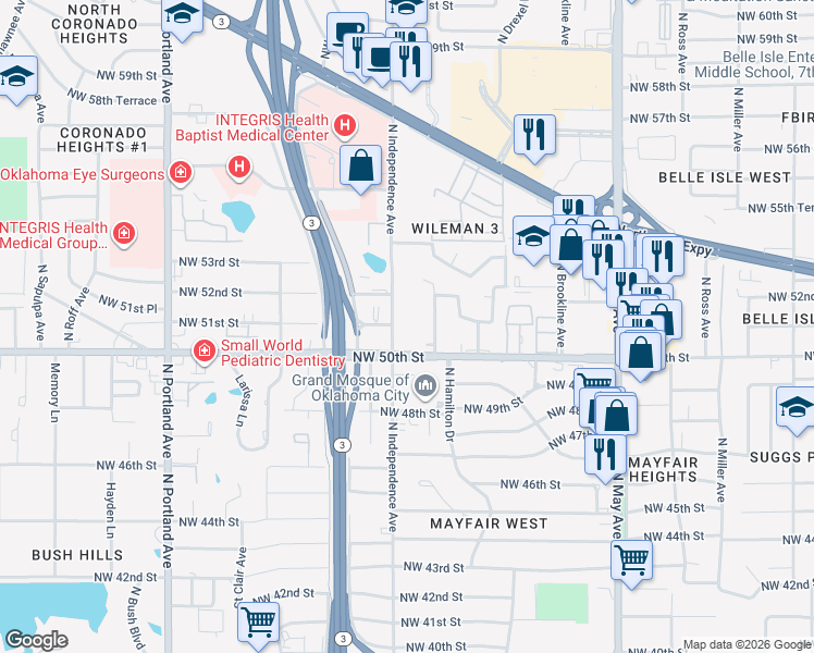 map of restaurants, bars, coffee shops, grocery stores, and more near 5111 North Hamilton Drive in Oklahoma City