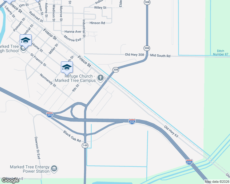 map of restaurants, bars, coffee shops, grocery stores, and more near 103 12th Street in Marked Tree