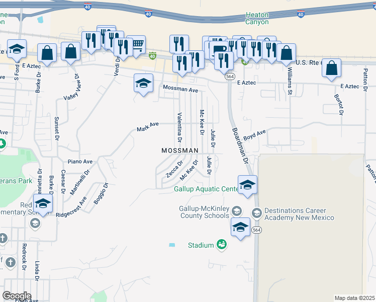 map of restaurants, bars, coffee shops, grocery stores, and more near 420 Zecca Drive in Gallup