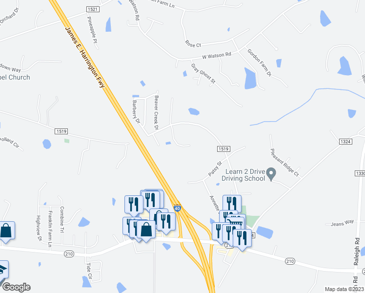 map of restaurants, bars, coffee shops, grocery stores, and more near 632 Old Roberts Road in Benson