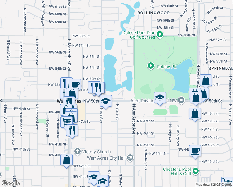 map of restaurants, bars, coffee shops, grocery stores, and more near 5569 Northwest 50th Street in Oklahoma City