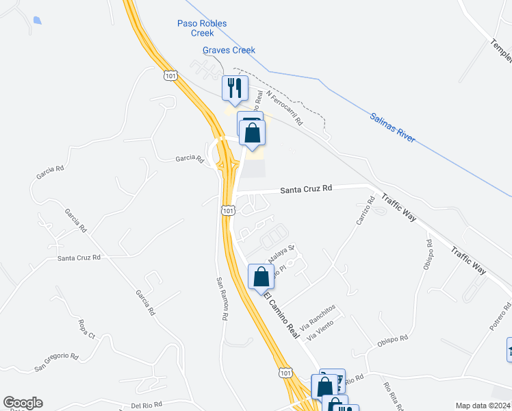 map of restaurants, bars, coffee shops, grocery stores, and more near 5715 Santa Cruz Road in Atascadero