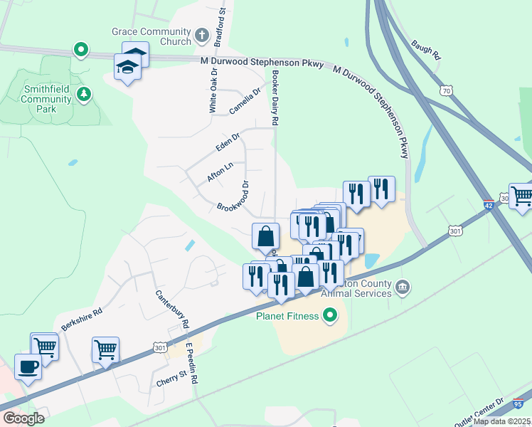 map of restaurants, bars, coffee shops, grocery stores, and more near 7 Woodsdale Drive in Smithfield