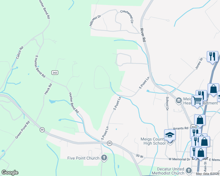 map of restaurants, bars, coffee shops, grocery stores, and more near 6 Sunrise Ln in Decatur
