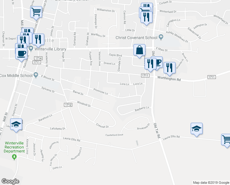 map of restaurants, bars, coffee shops, grocery stores, and more near 2705 Tonya Court in Winterville