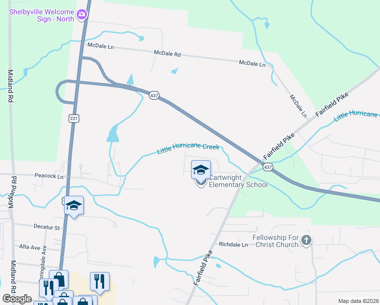 map of restaurants, bars, coffee shops, grocery stores, and more near State Highway 437 in Shelbyville