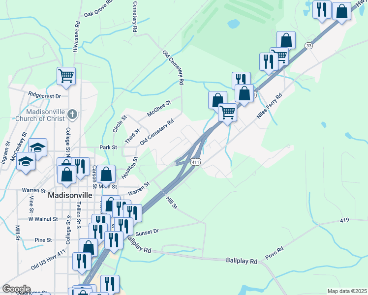 map of restaurants, bars, coffee shops, grocery stores, and more near 132 Boring Street in Madisonville