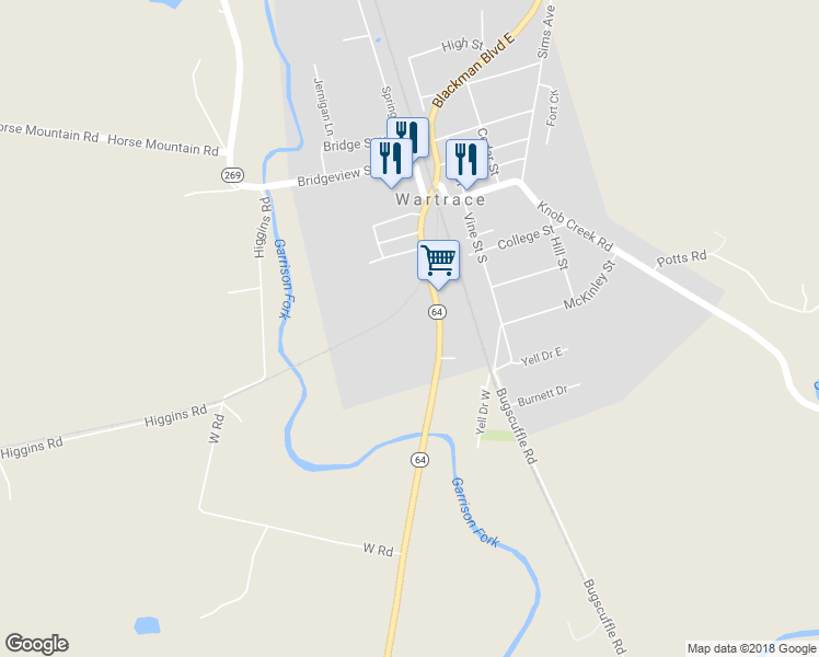 map of restaurants, bars, coffee shops, grocery stores, and more near 512 Blackman Boulevard West in Wartrace