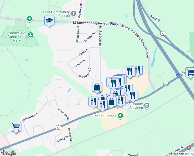 map of restaurants, bars, coffee shops, grocery stores, and more near 7 Woodsdale Drive in Smithfield