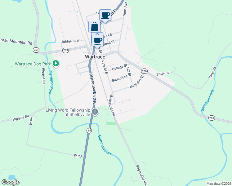 map of restaurants, bars, coffee shops, grocery stores, and more near 505 Vine Street in Wartrace