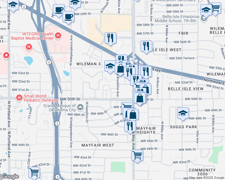 map of restaurants, bars, coffee shops, grocery stores, and more near 3017 Northwest 50th Street in Oklahoma City