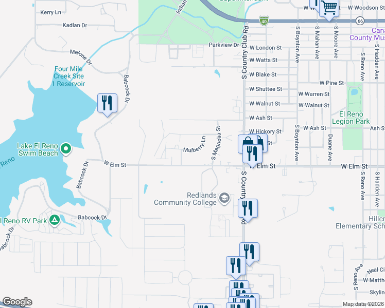 map of restaurants, bars, coffee shops, grocery stores, and more near 1801 Mulberry Lane in El Reno
