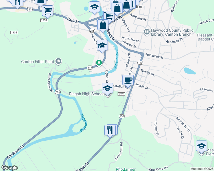 map of restaurants, bars, coffee shops, grocery stores, and more near 1 Black Bear Drive in Canton
