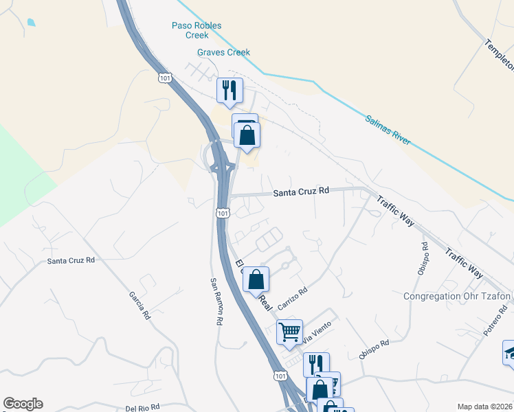 map of restaurants, bars, coffee shops, grocery stores, and more near 5529 Madrono Place in Atascadero