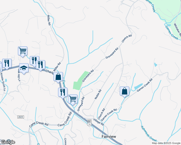 map of restaurants, bars, coffee shops, grocery stores, and more near Graveyard Road in Fairview