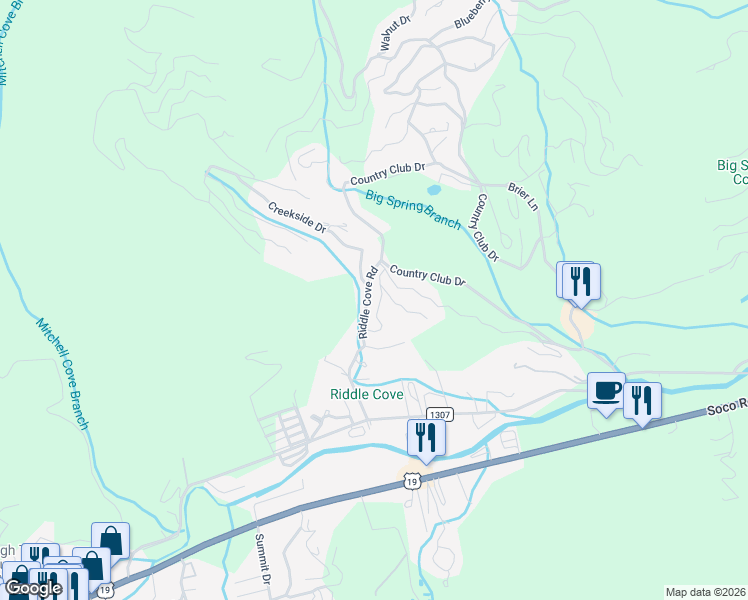 map of restaurants, bars, coffee shops, grocery stores, and more near 291 Riddle Cove Road in Maggie Valley