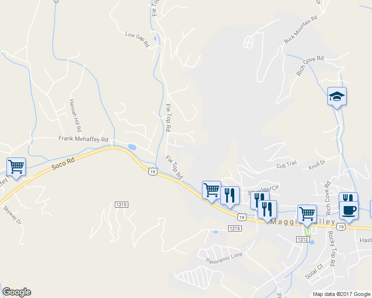 map of restaurants, bars, coffee shops, grocery stores, and more near 82 Elm Drive in Maggie Valley