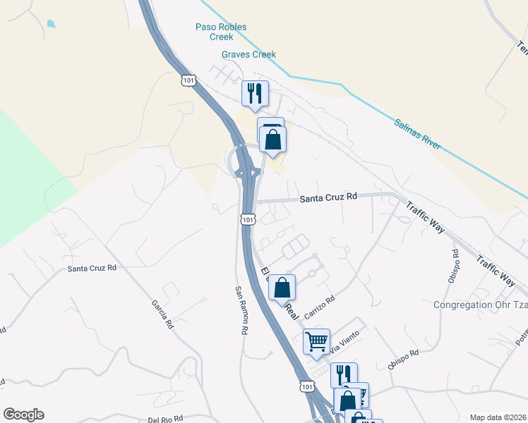map of restaurants, bars, coffee shops, grocery stores, and more near 1055 El Camino Real in Atascadero