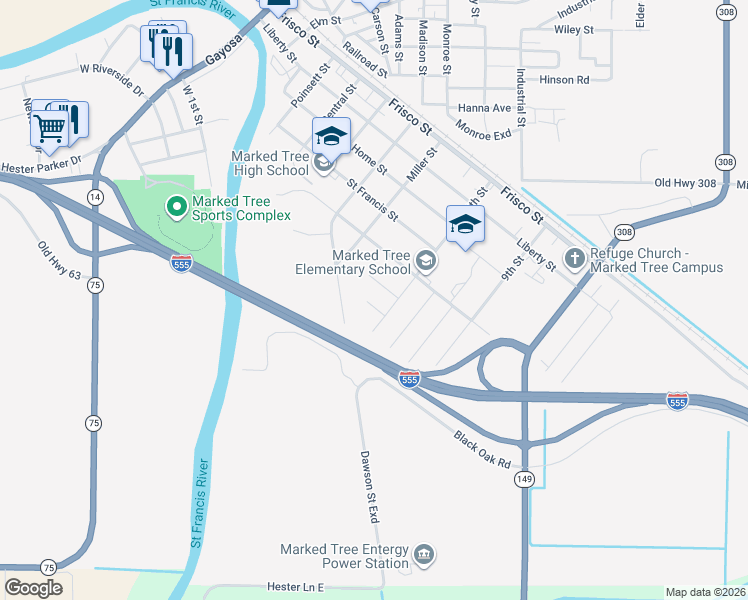 map of restaurants, bars, coffee shops, grocery stores, and more near 102 Barbara Allen Drive in Marked Tree