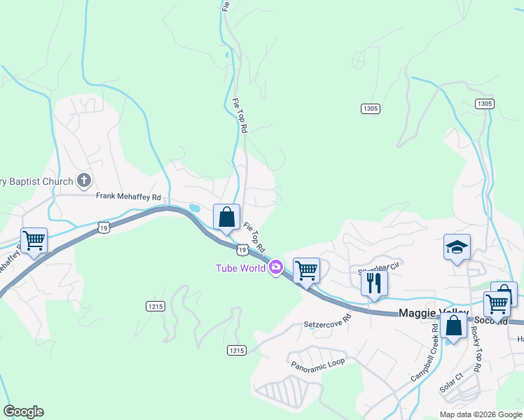 map of restaurants, bars, coffee shops, grocery stores, and more near 82 Elm Drive in Maggie Valley