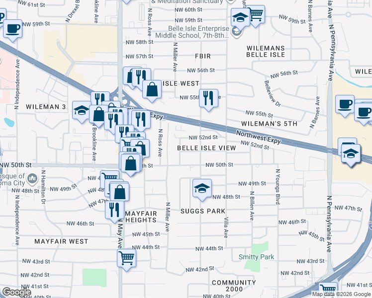 map of restaurants, bars, coffee shops, grocery stores, and more near 2620 Northwest 51st Street in Oklahoma City