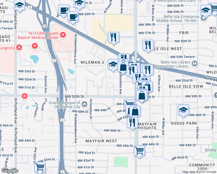 map of restaurants, bars, coffee shops, grocery stores, and more near 3017 Northwest 50th Street in Oklahoma City