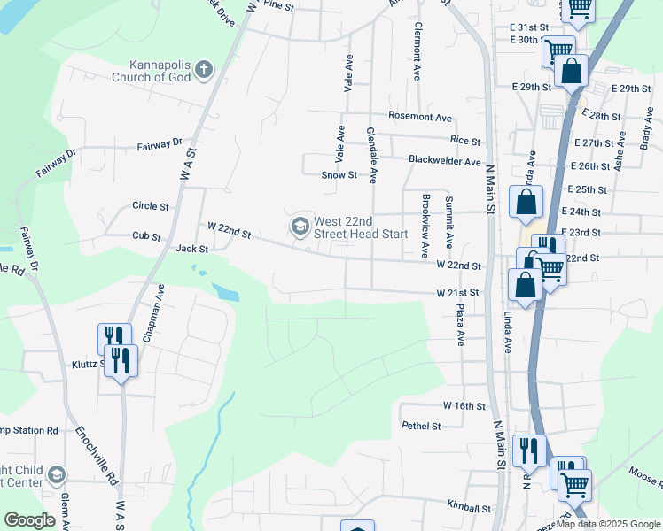 map of restaurants, bars, coffee shops, grocery stores, and more near 503 West 22nd Street in Kannapolis