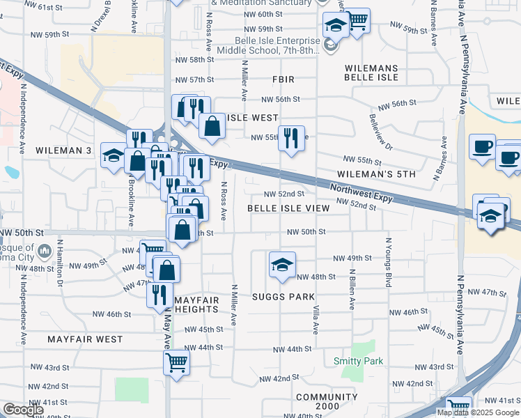 map of restaurants, bars, coffee shops, grocery stores, and more near 2620 Northwest 51st Street in Oklahoma City