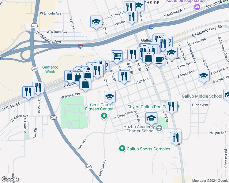 map of restaurants, bars, coffee shops, grocery stores, and more near 801 West Hill Avenue in Gallup