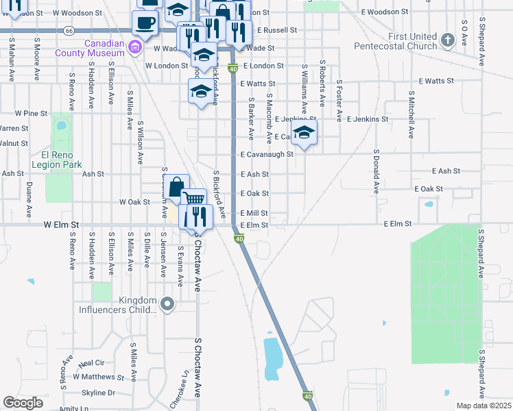 map of restaurants, bars, coffee shops, grocery stores, and more near 1200 South Barker Avenue in El Reno