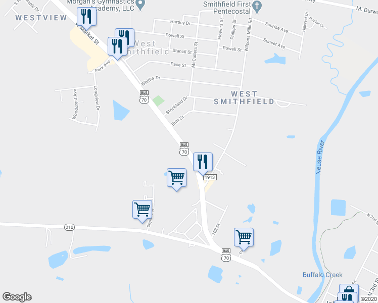 map of restaurants, bars, coffee shops, grocery stores, and more near 994 West Market Street in Smithfield