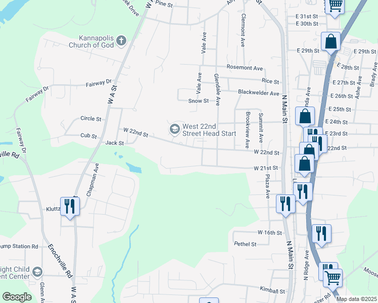 map of restaurants, bars, coffee shops, grocery stores, and more near 507 West 22nd Street in Kannapolis