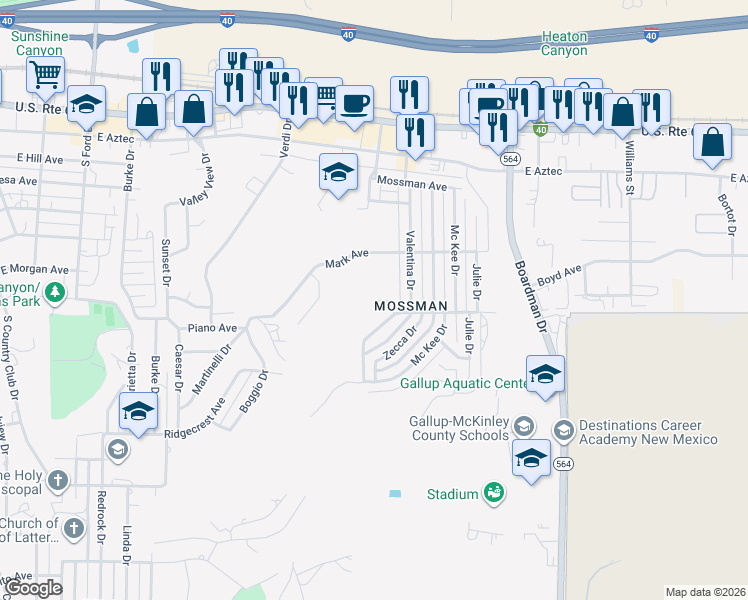map of restaurants, bars, coffee shops, grocery stores, and more near 1917 Meritt Ln in Gallup