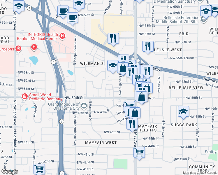 map of restaurants, bars, coffee shops, grocery stores, and more near 3017 Northwest 50th Street in Oklahoma City