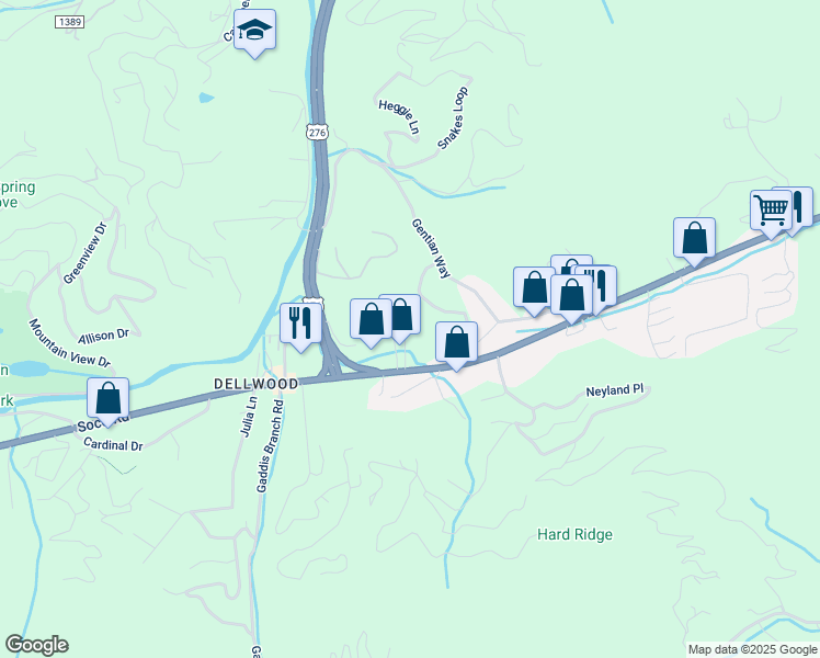 map of restaurants, bars, coffee shops, grocery stores, and more near 3530 Dellwood Road in Waynesville