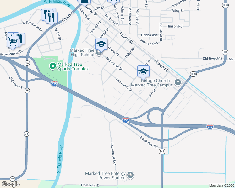 map of restaurants, bars, coffee shops, grocery stores, and more near 102 Barbara Allen Drive in Marked Tree