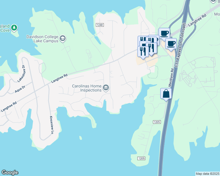 map of restaurants, bars, coffee shops, grocery stores, and more near Gudger Road in Mooresville